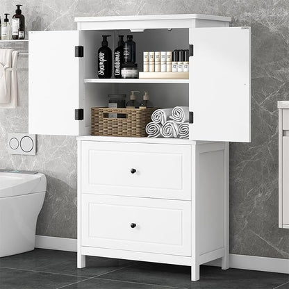 Polibi 43.3" H Storage Cabinet with 2 Doors, 2 Drawers, Adjustable Shelf, Wooden Linen Cabinet for Bathroom, Office, Kitchen, White