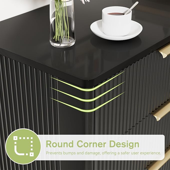 Black Fluted 8 Drawer Dresser for Bedroom, Chest of Drawers with Solid Wood Legs, Modern Dresser Chest Cabinet Organizer with Golden Handles, Beside Table for Closet,