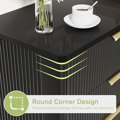 Black Fluted 8 Drawer Dresser for Bedroom, Chest of Drawers with Solid Wood Legs, Modern Dresser Chest Cabinet Organizer with Golden Handles, Beside Table for Closet,