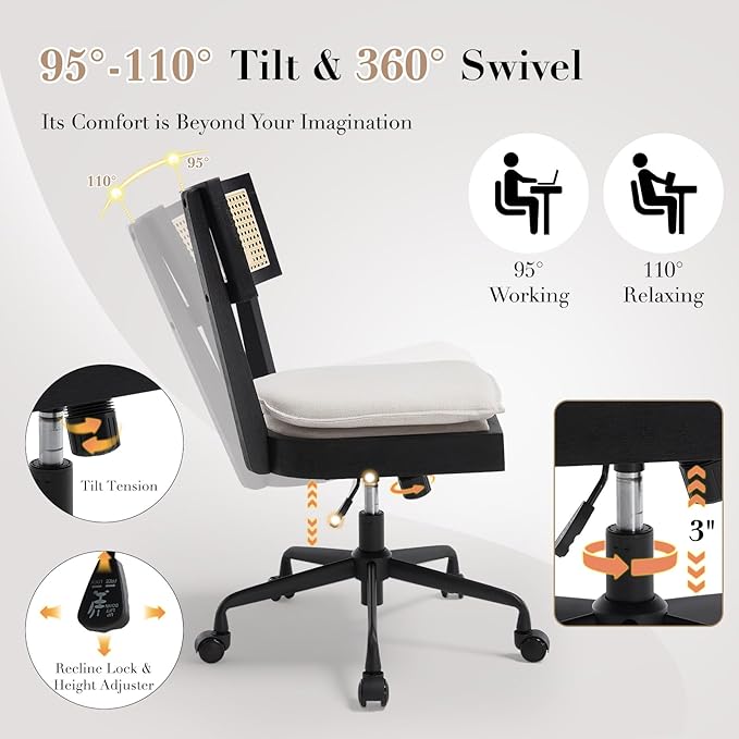 Home Office Desk Chair with Wheels, Ergonomic Computer Task Chair with Rattan Back, Adjustable Height Armless Swivel Chair with Removable Cushion for Small Space, Black