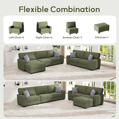 Wanderwell Oversized Modular Sectional Sofa, 6-Seater U Shaped Couches with Movable Ottoman,Corduroy Sectional Couch with Wide and Deep Seats Suitable for Living room,Bedroom,Apartment (Olive, 2+3+OT)