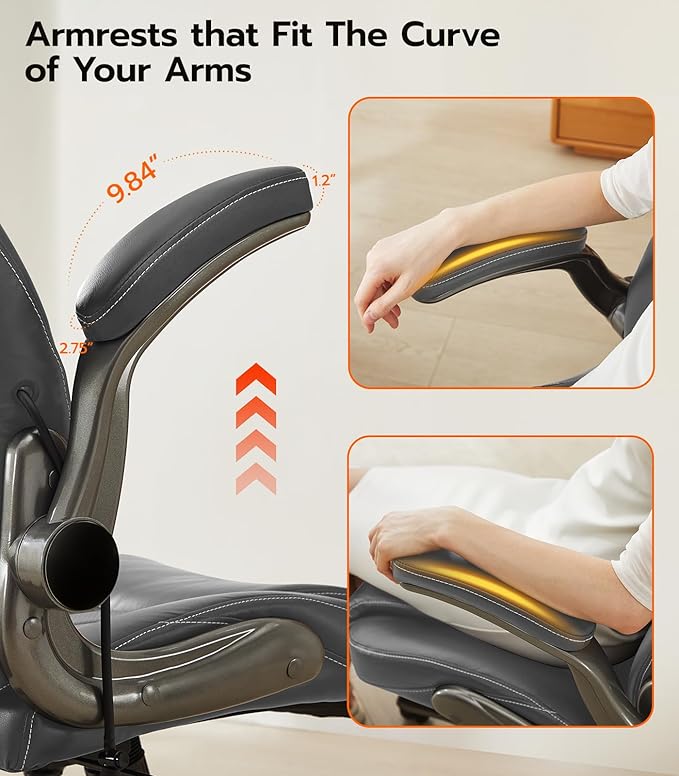 Office Desk Chair, Ergonomic Computer Chair with Padded Flip-Up Arms and Adjustable Lumbar Support, PU Leather Executive Chair with Tilt Lock and 360° Swivel Rolling Wheels for Work, Study