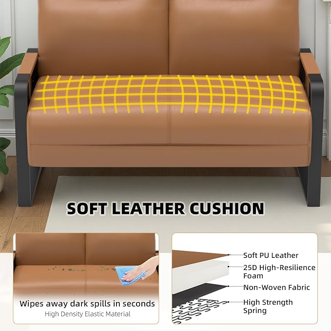 Faux Leather Loveseat Couch for Living Room Bedroom Office, Small Sofa 2 Seater Couch with Flip Up Tray Table Side Pockets Leather Loveseats, Brown