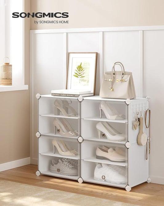 SONGMICS Shoe Rack Organizer, 4-Tier Shoe Storage Cabinet for Closet and Entryway, Holds 16 Pairs of Shoes, Adjustable, Cloud White and Trasparent ULPC032W01