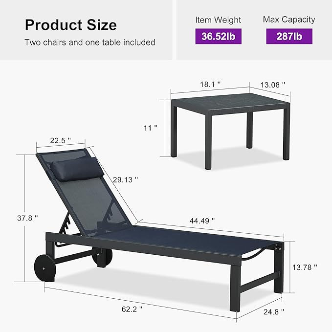 PURPLE LEAF Patio Lounge Chair Set of 3 Outdoor Chaise Lounger Aluminum Frame with Side Table and Wheels for Pool Outside Sunbathing Tanning Recliner Including Pillows Navy Blue