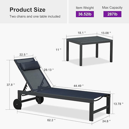 PURPLE LEAF Patio Lounge Chair Set of 3 Outdoor Chaise Lounger Aluminum Frame with Side Table and Wheels for Pool Outside Sunbathing Tanning Recliner Including Pillows Navy Blue