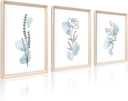 HesenDot Framed Blue Floral Canvas Wall Art,Minimalist Botanical Wall Art Decor,12x16IN Wood High Framed Prints,Boho Flowers Artworks Prints Posters for Living Room,Kitchen,Bedroom Set of 3