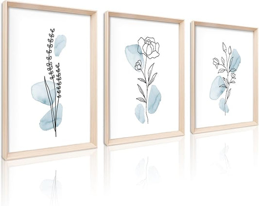 HesenDot Framed Blue Floral Canvas Wall Art,Minimalist Botanical Wall Art Decor,12x16IN Wood High Framed Prints,Boho Flowers Artworks Prints Posters for Living Room,Kitchen,Bedroom Set of 3