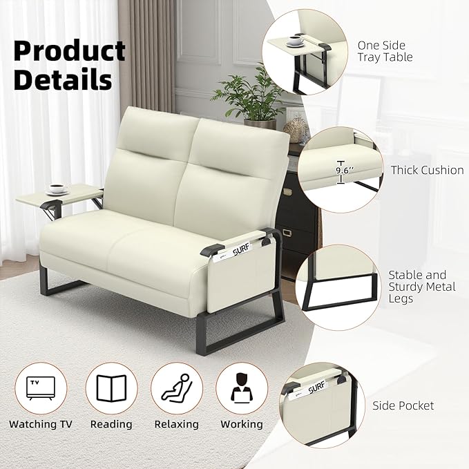 Faux Leather Loveseat, Upholstered Loveseat with Side Tray Table & Storage Pocket, Small Loveseat for Living Room, Modern 2 Seater Sofa Couch for Small Spaces, Bedroom, Beige