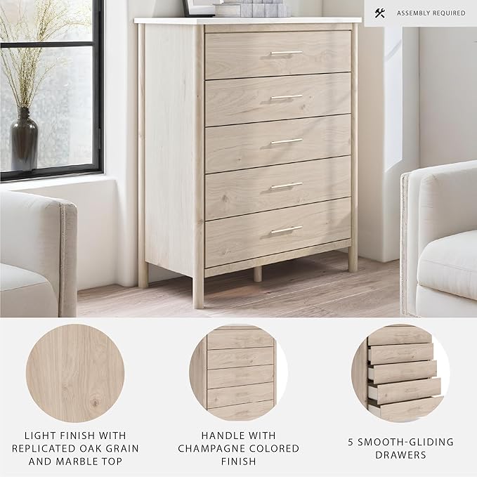 Signature Design by Ashley Cadmori Bohemian 5-Drawer Chest of Drawers with Safety Stop and Post Legs, White & Light Brown
