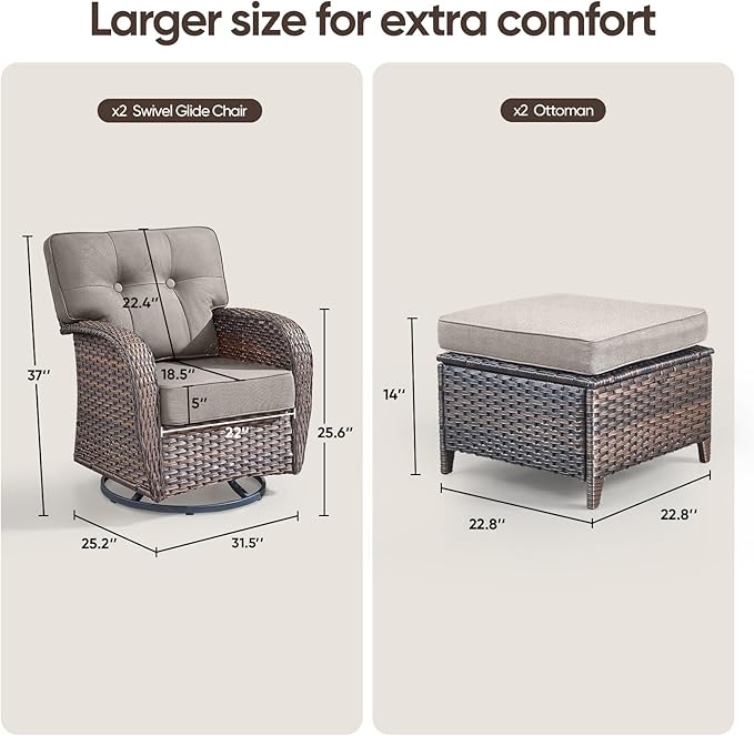 4-Piece Rotating Balcony Chair Set with 31-inch T-Shaped Wide backrest - Rattan Outdoor Rotating Balcony Chairs, Wide backrest Comfortable Outdoor Sliding Chair - Brown | Grey
