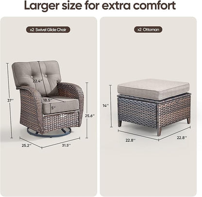 4-Piece Rotating Balcony Chair Set with 31-inch T-Shaped Wide backrest - Rattan Outdoor Rotating Balcony Chairs, Wide backrest Comfortable Outdoor Sliding Chair - Brown | Grey