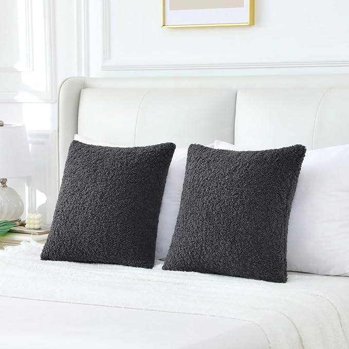 FUTEI Charcoal Throw Pillow Covers 24x24 Inch Set of 2,Furry Faux Fur Teddy Boucle Textured Cushion Covers,Soft Fluffy European Pillow Shams,Home Decor for Couch Bed Living Room Office Car