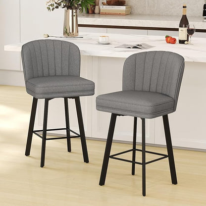 Swivel Counter Height Bar Stools Set of 4, 26'' Modern Barstools with Backs and Metal Legs, Upholstered Bar Chairs,Mid-Gray,Fabric Stools for Kitchen Island Chairs