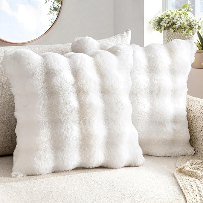 MIULEE Faux Fur Pillow Covers Thick Soft Plush Christmas 26x26 Inch Pack of 2 Euro Throw Pillows Luxury Home Decor for Winter Holiday Bed Couch Bedroom Living Room Sofa,White