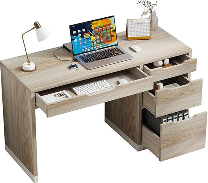 52 Inch Desk with 4 Drawers, Computer Desk with Storage File Cabinet for Bedroom, Small Office Desk with Storage for Small Space, White and Walnut