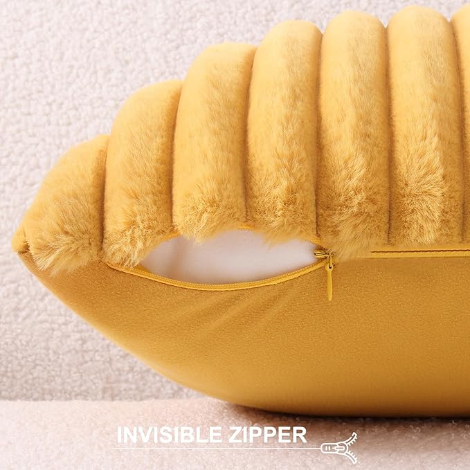 Pallene Faux Fur Plush Throw Pillow Covers 24x24 Set of 2, Luxury Soft Fluffy Striped Decorative Pillow Covers for Sofa, Couch, Living Room, Mustard Yellow