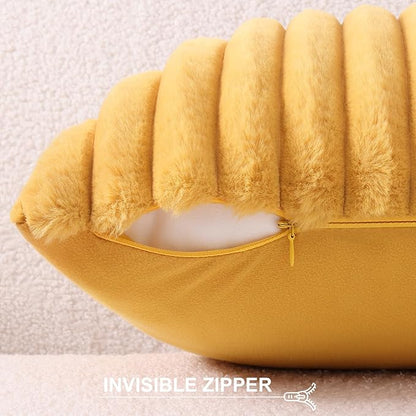 Pallene Faux Fur Plush Lumbar Throw Pillow Covers 12x20 Set of 2, Luxury Soft Fluffy Striped Decorative Pillow Covers for Sofa, Couch, Living Room, Mustard Yellow