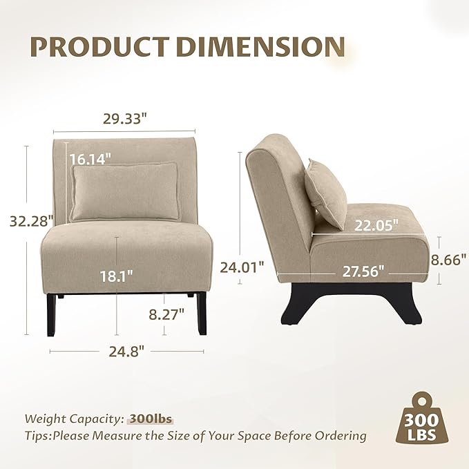 Armless Set of 2 Accent Chair,Modern Comfy Upholstered Living Room Chairs with Wooden Legs& Pillows,Lounge Sofa Side Chair for Bedroom Farmhouse Reading (Brown, 2 PCS)