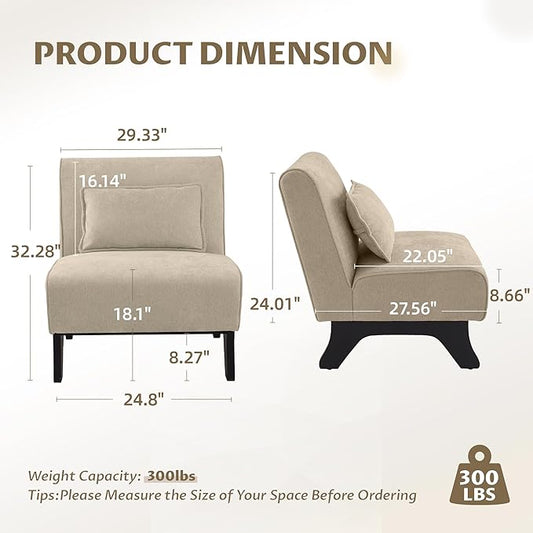 Upholstered Armless Accent Chair,Modern Comfy Living Room Chairs with Wooden Legs& Pillows,Lounge Sofa Side Chair for Bedroom Farmhouse Reading (Brown, 1 PC)