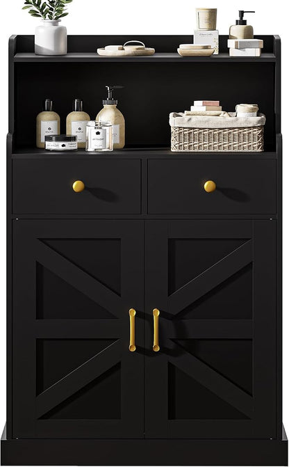 Storage Cabinet with Doors and Shelves, Bathroom Cabinet with 2 Drawers, Farmhouse Black Storage Cabinet, Kitchen Cabinet Cupboard for Living Room, Kitchen, Entryway, Home Office