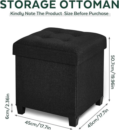 17.7" Ottoman with Storage, Square Storage Ottoman for Dorm, Linen Ottomans with Legs for Living Room, Bedroom, Black