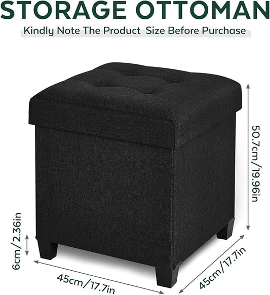 17.7" Ottoman with Storage, Square Storage Ottoman for Dorm, Linen Ottomans with Legs for Living Room, Bedroom, Black