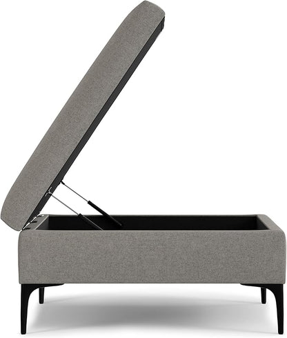 SIMPLIHOME Rebecca 36 inch Wide Contemporary Square Mid Century Coffee Table Storage Ottoman with Lift Up Lid in Cloud Grey Polyester Linen, Assembled, For the Living Room, Entryway and Family Room
