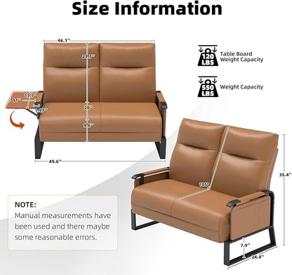Faux Leather Loveseat, Upholstered Loveseat with Side Tray Table & Storage Pocket, Small Loveseat for Living Room, Modern 2 Seater Sofa Couch for Small Spaces, Bedroom, Brown