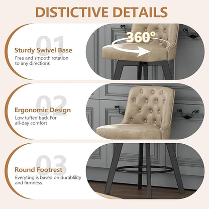 MINCETA Bar Stools Set of 2, PU Leather Barstools, 26 Inch Upholstered Counter Stools with Low Tufted Back and Footrest, Swivel Counter Height Barstools for Kitchen Island Home Bar Khaki
