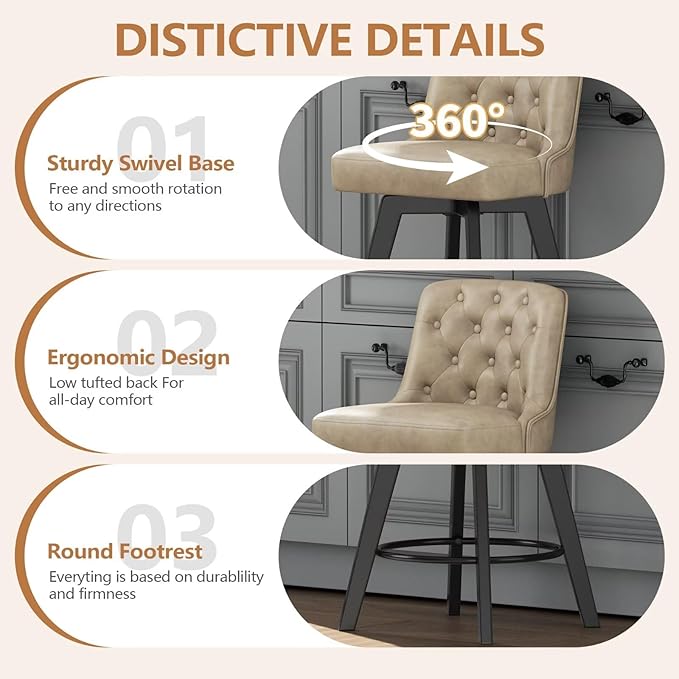 MINCETA Bar Stool, PU Leather Barstool, 30 Inch Upholstered Counter Stool with Low Tufted Back and Footrest, Swivel Counter Height Barstool for Kitchen Island Home Bar Khaki