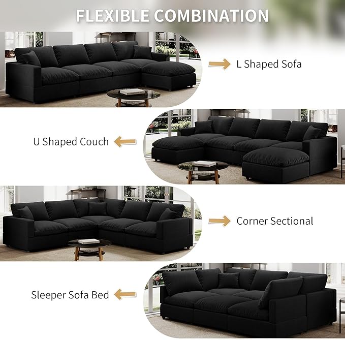 Linen Sleeper Sofa Bed,Modern Sectional Sofa Couch for Living Room,95.4 Inch Cloud Couches Cushion Covers Removable,Cozy Feather Down Sofa for Apartment Black