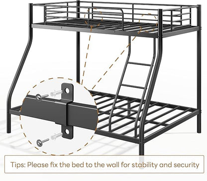 Bunk Beds Twin Over Full Size, Heavy Duty Metal Bunk Bed Frame with Angled Ladder for Teens and Adults, for Spaces-Saving, Smooth Rounded Edges, Noise Free & Easy Assembly, Black