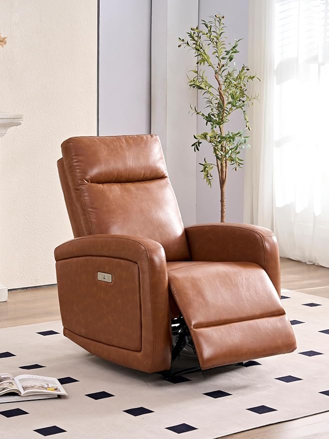 Leather Recliner Chair,Power Recliner Chair with Power Headrest Type-C Charger for Adult, Electric Recliner Sofa for Living Room & RV, Brown