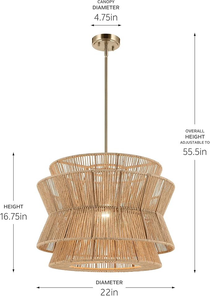 KICHLER Ophira 1-Light Pendant, Global Boho Light with Jute Shade in Champagne Bronze, Sloped Ceiling Compatible, for Kitchen or Foyer (16.75" x 22"), 52734CPZ