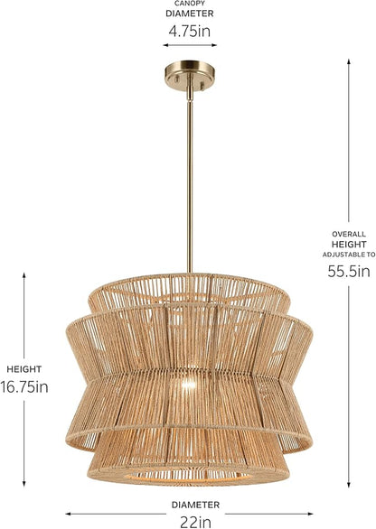 KICHLER Ophira 1-Light Pendant, Global Boho Light with Jute Shade in Champagne Bronze, Sloped Ceiling Compatible, for Kitchen or Foyer (16.75" x 22"), 52734CPZ