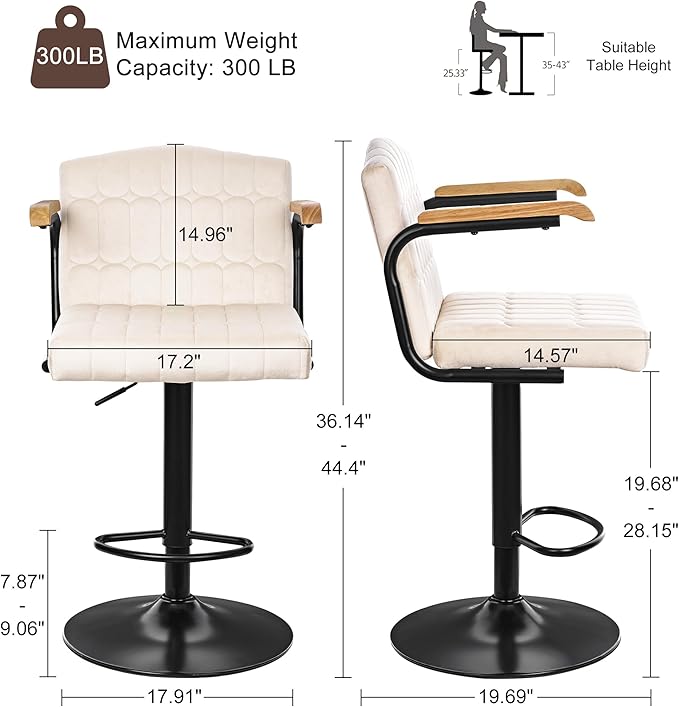 VECELO Bar Stools Set of 4, Adjustable Upholstered Swivel Barstools, Modern Counter Height Bar Stools with Back and Footrest, Island Chairs for Kitchen, Dining Room, Bar