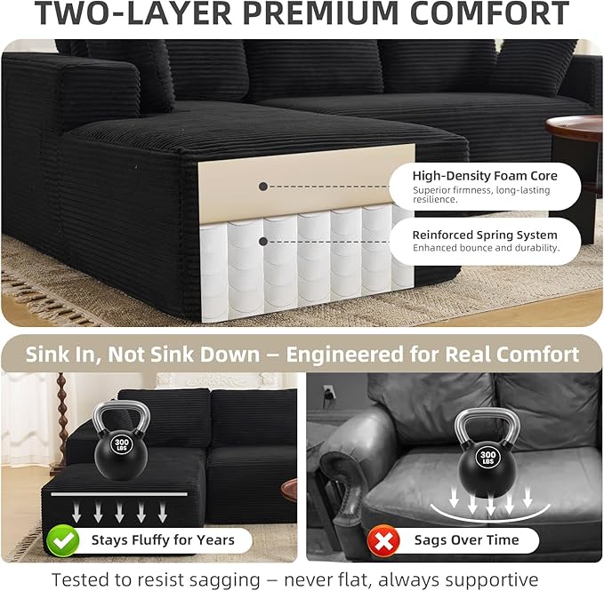 107" Boneless Couch, Sectional Couchs for Living Room & Bedroom, Cloud Couch with L-Shape Chaise Modern Modular Sofa with Deep Seat, No Assembly Required (Jet Black)