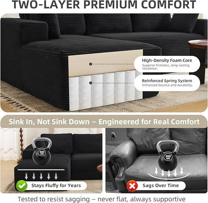 107" Boneless Couch, Sectional Couchs for Living Room & Bedroom, Cloud Couch with L-Shape Chaise Modern Modular Sofa with Deep Seat, No Assembly Required (Jet Black)