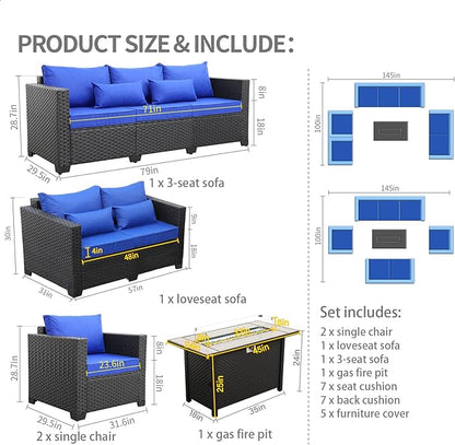 Rattaner 5 Pcs Outdoor Furniture Sets Patio Furniture Set with 45" Fire Pit Patio Couch Outdoor Chairs 60000 BTU Steel Propane Fire Pit Table No-Slip Cushions and Waterproof Covers, Royal Blue