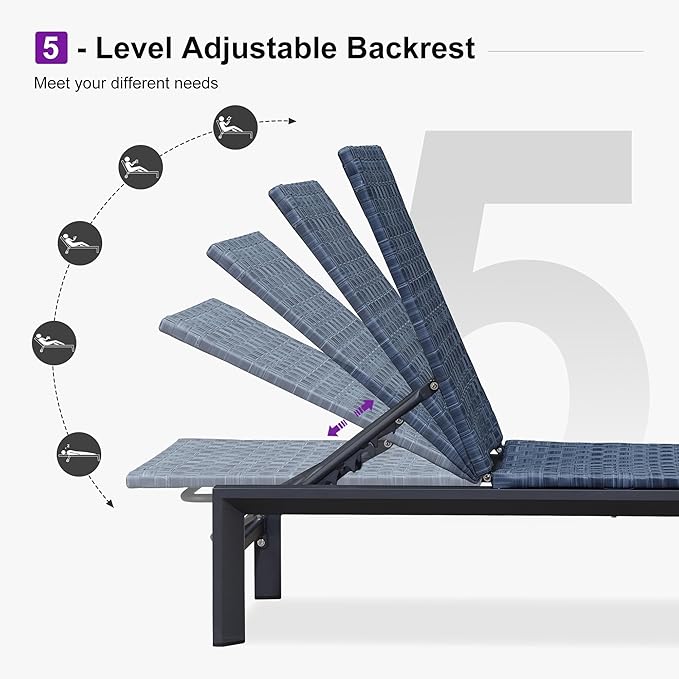 PURPLE LEAF Patio Chaise Lounge Rattan Chair Set of 2 Outdoor Pool Adjustable Recliner Wicker Chairs for Outside Woven Furniture Tanning Poolside Lounger Navy Blue