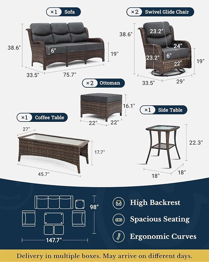 HILLGA Luxury Patio Furniture Set with 6-Inch Thick Cushions, High Back Outdoor Swivel Rocker Chairs and Patio Couch, 7-Piece All Weather Conversation Set for Porch Deck Pool Yard, Dark Grey (V3)