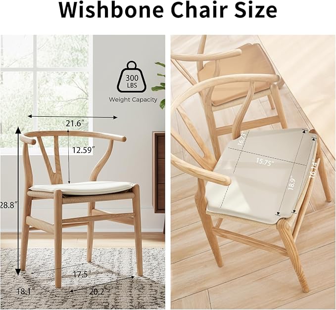 Tomile Wishbone Dining Chair with Arms, Modern Wood Chair Featuring a White PU Cushion on Woven Hemp Seat, Sturdy Wood and Y-Shaped Backrest, Fully Assembled for Kitchen & Dining (Ash Wood - Natural)