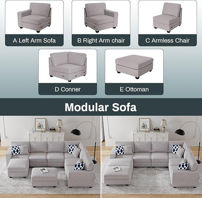 Legend Vansen Modular Sectional Sofa U Shaped Couch with Ottoman Modern Reversible Corner Sectional Couch for Living Room (Light Grey, U Shaped Sofa-3)