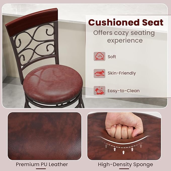 Giantex 26" Swivel Bar Stools Set of 4, Counter Height Bar Stools w/Back, Upholstered PU Leather Seat, Footrest, Max Load 330Lbs, Vintage Metal Barstools for Kitchen Island, Dining Room, Rustic Brown