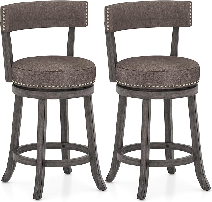 COSTWAY Bar Stools Set of 2, Upholstered Farmhouse Bar stools w/Cushioned Seat & Backrest, Solid Wood Legs, Footrest, 26” Counter Height Swivel Stools for Kitchen Island, Pub (2, 26'' Seat Height)