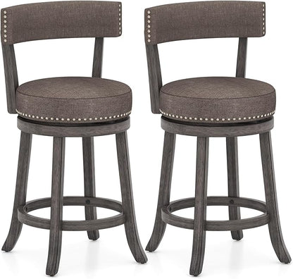 COSTWAY Bar Stools Set of 2, Upholstered Farmhouse Bar stools w/Cushioned Seat & Backrest, Solid Wood Legs, Footrest, 26” Counter Height Swivel Stools for Kitchen Island, Pub (2, 26'' Seat Height)