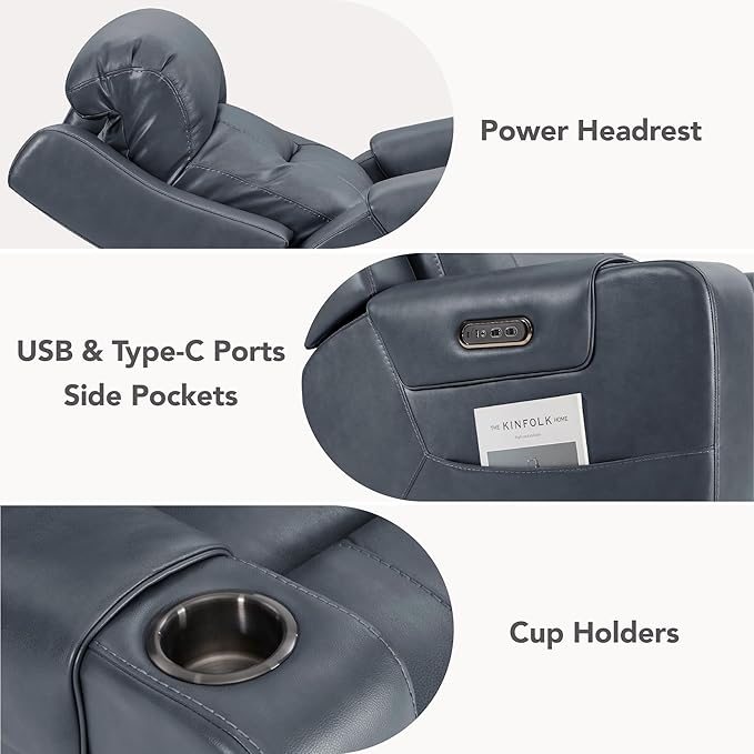 Watson & Whitely Oversized Genuine Leather Power Recliner Chairs for Big and Tall, Extra Wide Lay Flat Recliner with Power Headrest & Cup Holders, Electric Reclining Sofa for Living Room, Navy Blue