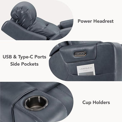 Watson & Whitely Genuine Leather Power Recliner Chairs for Adults, Lay Flat Recliner with Power Headrest, USB Ports and Cup Holders, Electric Reclining Sofa for Living Room, Bedroom, Navy