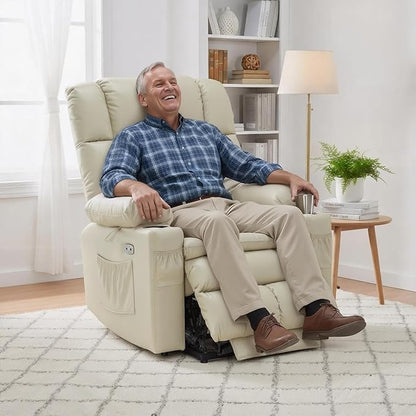 MCombo Dual Motor Power Lift Recliner Chair for Elderly, Lay Flat Lift Chair with Heat and Massage, Cup Holders, USB Ports, Faux Leather 7890 (Cream White, Medium)